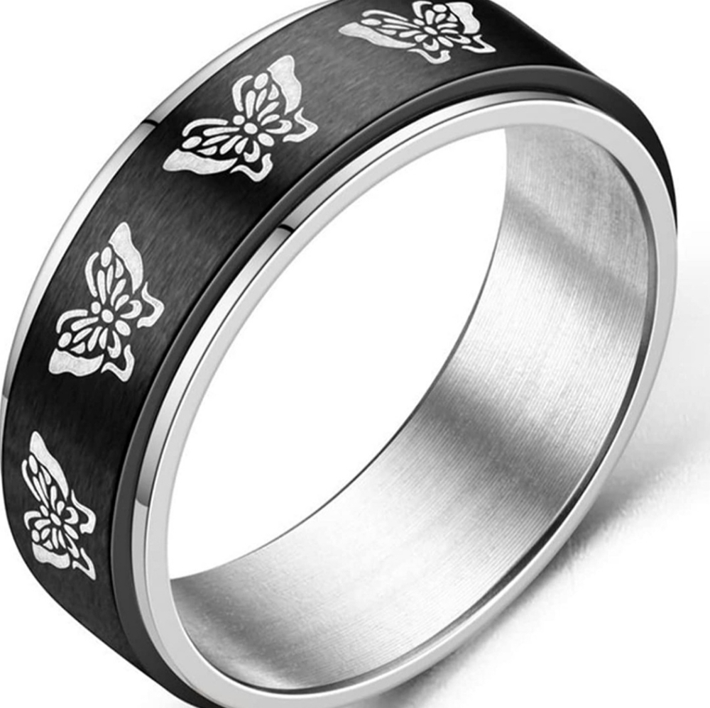New stainless steel spinner butterfly band ring size 6 through 12 usually avail.